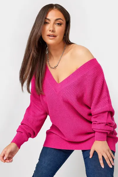 Yours Double V Neck Jumper Pink