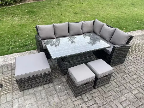 Fimous 6 Seater Outdoor Dark Grey High Back Rattan Lounge Complete Sofa Set with Adjustable Dining Table, 2 Stools and Big Footstool