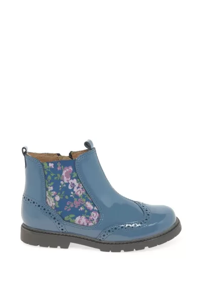 Start-rite Chelsea Blue Patent Leather Floral Girls Zip Up Pull on Boots, Blue, Size 10 Younger