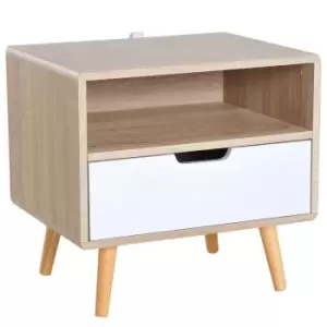 Homcom Nightstand With Storage Compartment and Drawer Two Tone Oak Effect And White Angled Wooden Legs