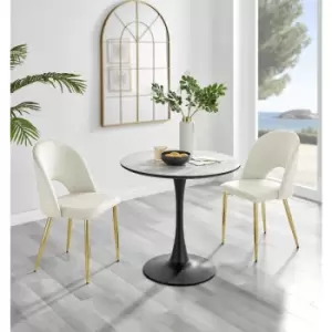 Furniturebox Elina White Marble Effect Modern 80cm Round Dining Table & 2 Cream Arlon Gold Leg Velvet Chairs