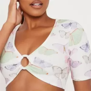 I Saw It First Butterfly Print Ring Detail Crop Top - White