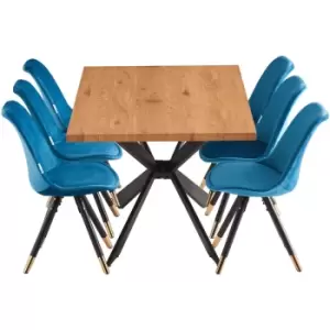 7 Pieces Life Interiors Sofia Duke Dining Set - an Oak Rectangular Dining Table and Set of 6 Blue Dining Chairs - Blue