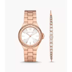 Michael Kors Womens Lennox Three-Hand Rose Gold-Tone Stainless Steel Watch And Sterling Bracelet Set - Rose Gold