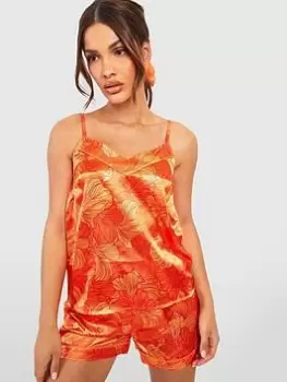 Boohoo Floral Satin Cami, Short & Scrunchie Pj Set - Orange, Size 10, Women