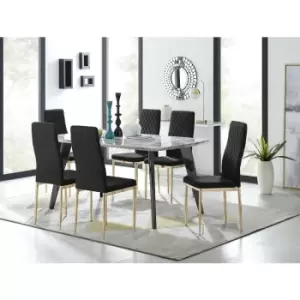 Furniturebox UK - Furniturebox Andria Black Leg Marble Effect Dining Table and 6 Black Velvet Milan Dining Chairs With Gold Legs