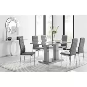 Furniturebox UK - Furniturebox Imperia 6 High Gloss Grey Modern Dining Table and 6 Grey Milan Faux Leather Dining Chairs With Silver Legs Diamond