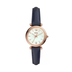 Fossil Womens Carlie Mini Three-Hand Navy Leather Watch - Blue