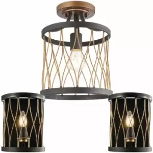 Ceiling Lamp & 2x Matching Wall Light Bronze Matt Black Metal Vintage Bulb Cage