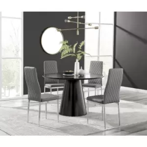 Furniturebox Palma Black Semi Gloss 120cm Round Minimalist Dining Table & 4 Grey Milan Chrome Leg Chairs