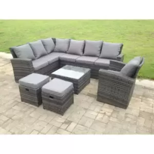 Fimous 7 Seater Outdoor Dark Grey Rattan Lounge Complete Sofa Set Left Side with Square Coffee Table and 2 Stools