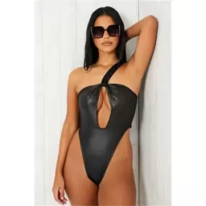 I Saw It First Black High Shine Plunge High Leg Swimsuit - Black