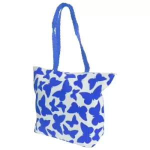 FLOSO Womens/Ladies Straw Woven Butterfly Print Top Handle Handbag (One Size) (White/Blue)