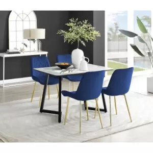 Furniturebox Carson White Marble Effect Recatngular 120cm Dining Table & 4 Navy Pesaro Gold Leg Velvet Chairs