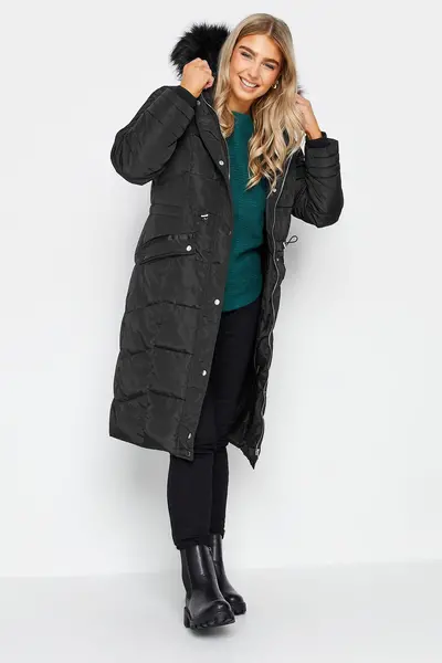 M&Co Faux Fur Trim Padded Coat Black