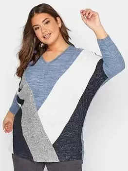 Yours Colourblock Soft Touch Jumper, Blue, Size 26-28, Women