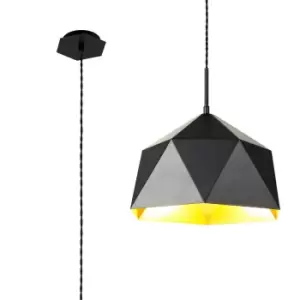 Single Pendant, 1 Light Adjustable E27, Matt Black, Gold Inner