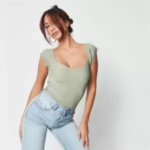 Missguided Contrast Rib Sweetheart Neck Knit Bodysuit - Green