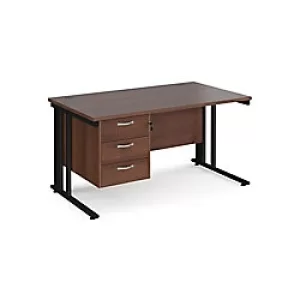 Rectangular Straight Desk Walnut Wood Cable Managed Legs Black Maestro 25 1400 x 800 x 725mm 3 Drawer Pedestal