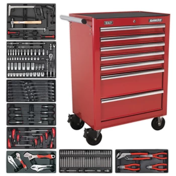 Rollcab 7 Drawer - Ball Bearing Slides - Red with 156pc Tool Kit