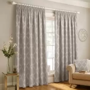 Olivia Lattice Embroidery Lined Pencil Pleat Curtains, Grey, 90 x 90" - Paoletti