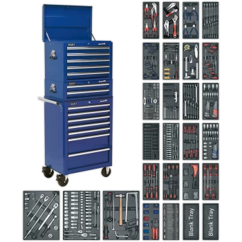 Sealey Superline Pro 14 Drawer Roller Cabinet, Mid and Top Tool Chests + 1179 Piece Tool Kit Blue