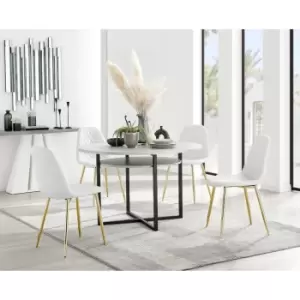 Furniturebox Adley Grey Concrete Effect 120cm Storage Dining Table & 4 White Corona Faux Leather Dining Chairs with Gold Legs Diamond Stitch