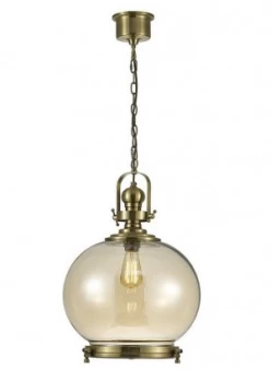 Large Globe Ceiling Pendant E27 Antique Brass, Cognac Glass