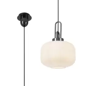 1 Light Pendant E27 With 30cm Pumpkin Shaped Ribbed Glass, Opal Black Chrome, Matt Black