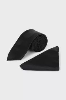 Mens Longer Length Slim Black Tie And Pocket Square Set