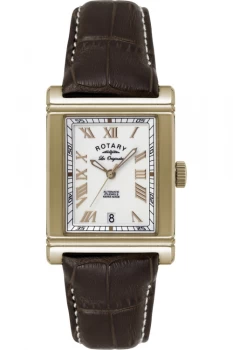 Mens Rotary LE90007-06-X1 Rectangular Automatic Dark Brown Strap Wristwatch Colour - White