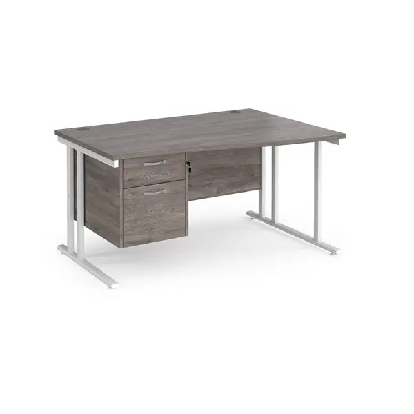 Maestro 25 right hand wave desk 1400mm wide with 2 drawer pedestal - white cantilever leg frame, grey oak top