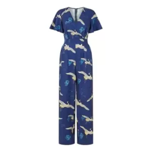 Yumi Navy Crane Print Angel Sleeve Jumpsuit - Blue