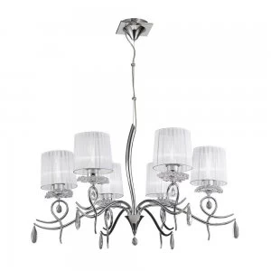 Ceiling Chandelier 6 Light E27 With White Shades Polished Chrome/Clear Crystal