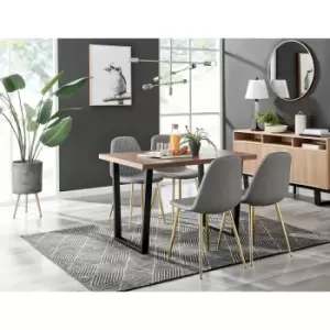 Kylo Brown Wood Effect Dining Table & 4 Grey Corona Faux Leather Dining Chairs with Gold Legs Diamond Stitch - Elephant Grey