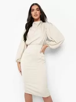 Boohoo Satin Draped Cowl Neck Midi Dress - Beige, Beige, Size 14, Women