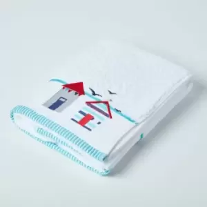 Homescapes - White and Blue Beach Bath Towel - White