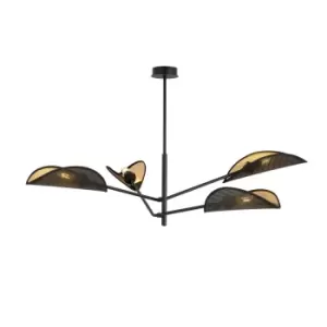 Emibig Vene Black Multi Arm Semi Flush Ceiling light with Black, Gold Fabric Shades, 4x E14