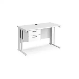 Rectangular Straight Desk White Wood Cable Managed Legs White Maestro 25 1200 x 600 x 725mm 2 Drawer Pedestal