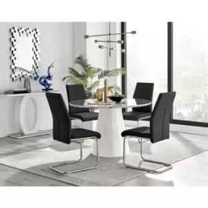 Furniturebox Palma White Marble Effect 120cm Round Minimalist Dining Table & 4 Black Lorenzo Silver Leg Faux Leather Chairs