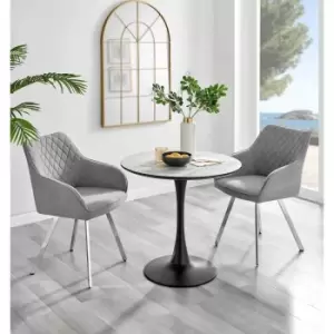 Furniture Box Elina White Marble Effect Round Dining Table and 2 Light Grey Falun Silver Leg Chairs