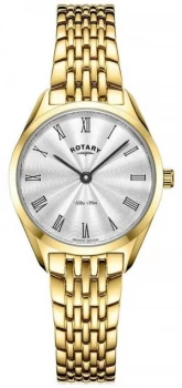 Rotary Womens Ultra Slim Gold Plated Steel Silver Watch