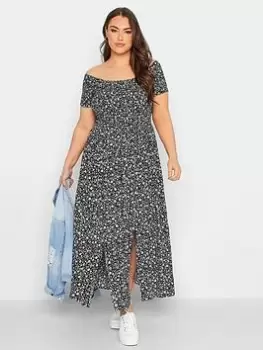 Yours Shirred Bardot Dress Mono Ditsy, Black, Size 22, Women