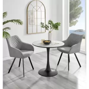 Furniturebox UK - Furniturebox Elina White Marble Effect Modern 80cm Round Dining Table & 2 Light Grey Falun Black Leg Fabric Chairs