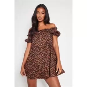 I Saw It First Brown Leopard Print Woven Button Front Bardot Mini Dress - Brown