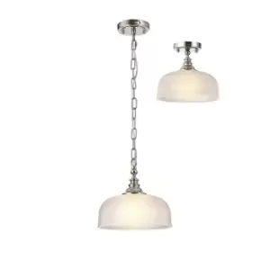 DeRuyter Flush, Single Ceiling Pendant, Adjustable E27, Polished Nickel, Prismatic Glass