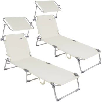 Sun Lounger Folding Sunbed Adjustable Backrest Sunshade Breathable Reclinable Beach Garden Pool Fast Dry 2x Off White - Casaria