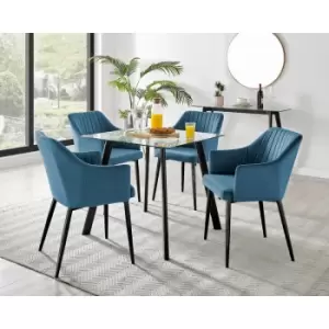 Furniturebox Seattle Glass and Black Metal Leg Square Dining Modern Industrial Dining Table & 4 Blue Calla Black Leg Velvet Chairs