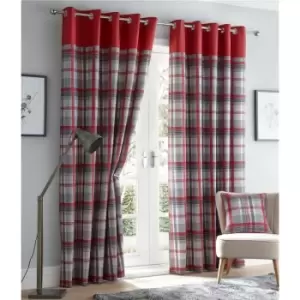 Orleans 90 x 90 Red Grey Slate Tartan Check Eyelet Ready Made Curtains - Grey