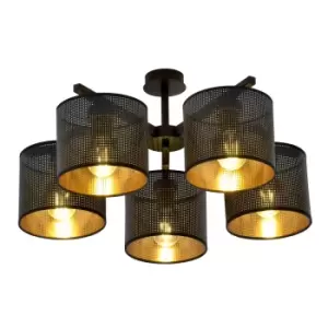 Emibig Jordan Black Multi Arm Semi Flush Ceiling light with Black, Gold Fabric Shades, 5x E27